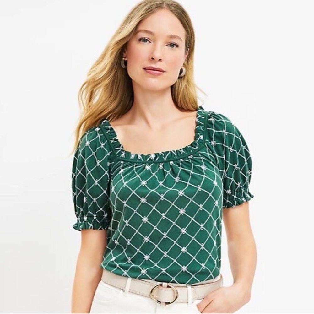LOFT Everest Green Diamond Eyelet Pattern Puff Sleeve 100% Cotton Blouse (066)